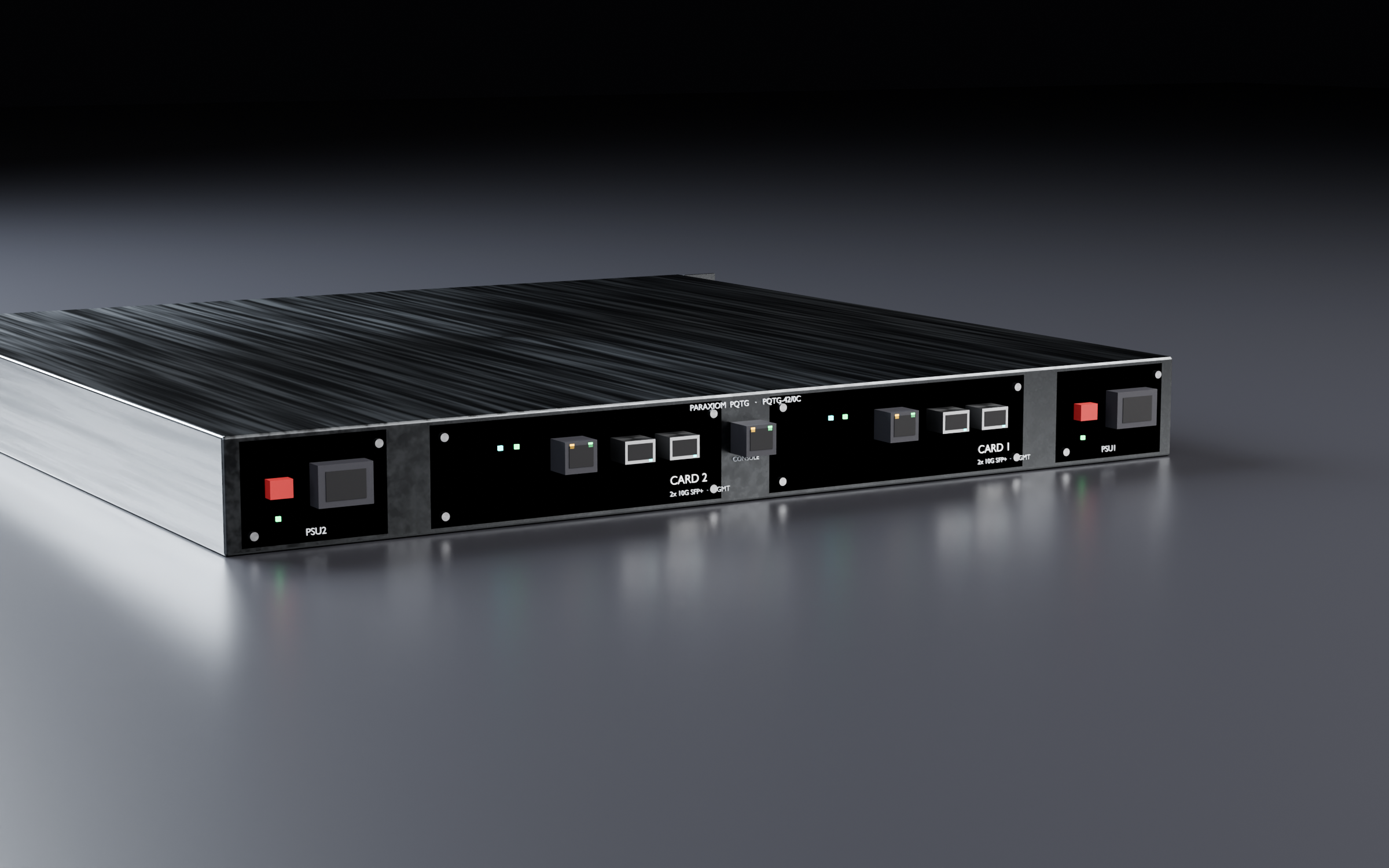 PQTG-42/0C rear — 2× Mobius optical cards, 10G SFP+ ports, redundant PSU